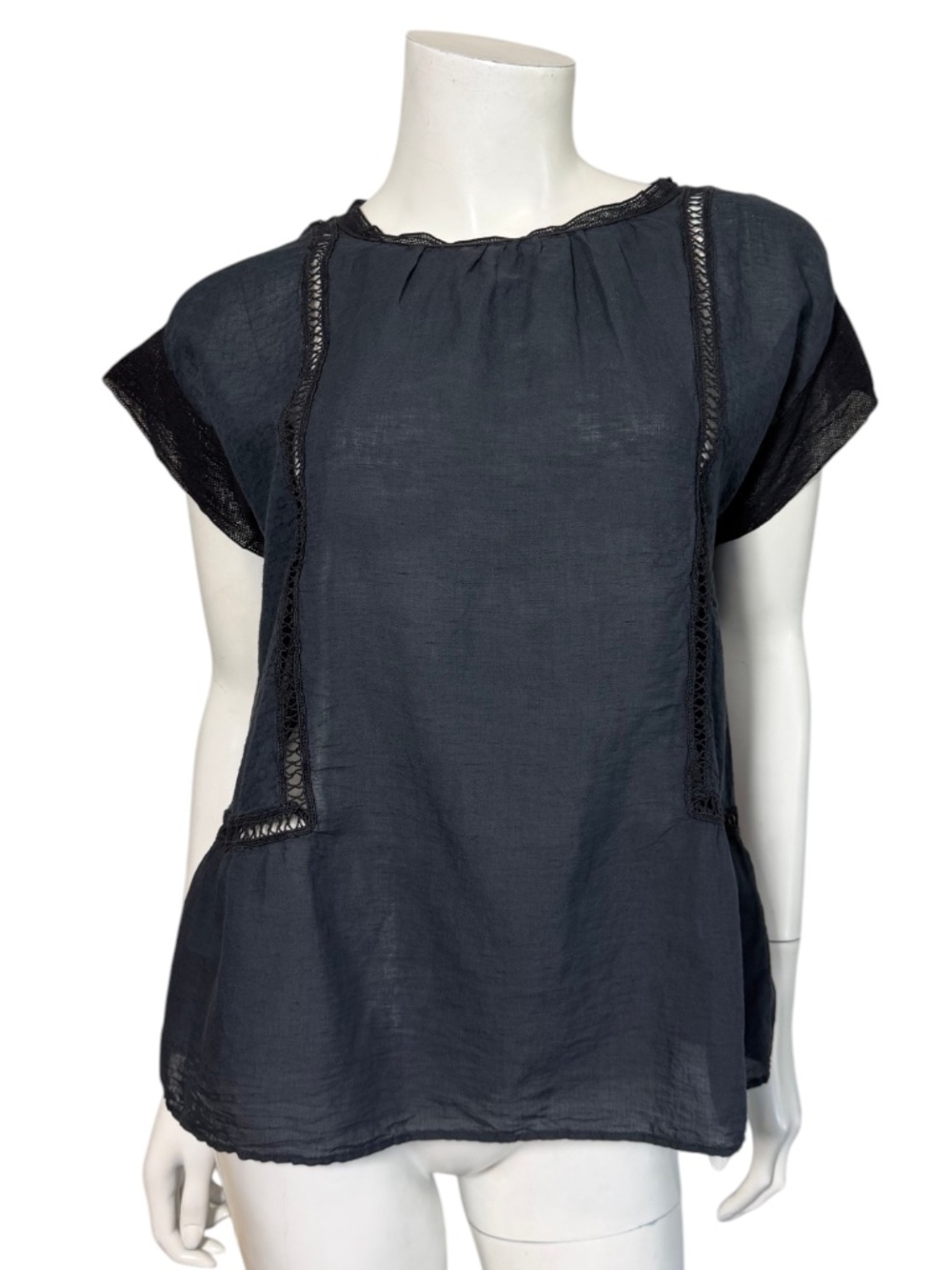 Pomandère Cotton Linen Lace Trim Cap Sleeve Blouse Size 40